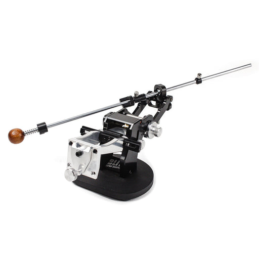 TSPROF Blitz Pro scissors clamp, mounted on Blitz Pro sharpener, white background