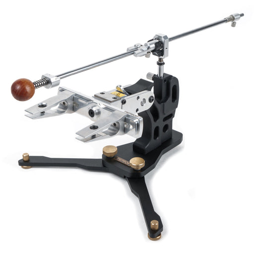 TSPROF Pioneer folding base. Assembled, mounted to the sharpener, half side view.