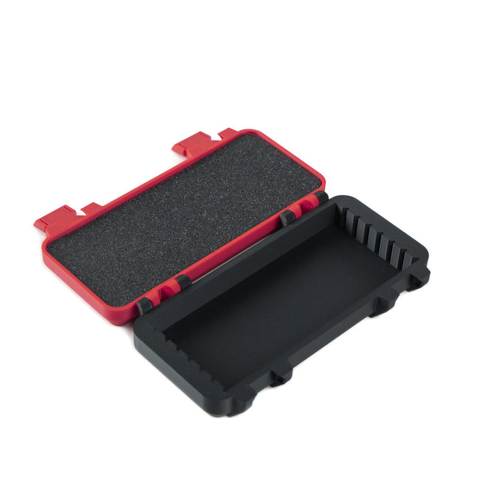 TSPROF plastic case for abrasives, opened, showing special variable depth feature, white background