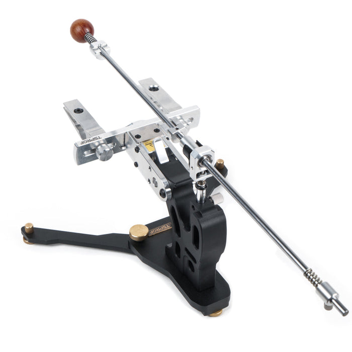 TSPROF Pioneer folding base. Assembled, mounted to the sharpener, half side back view.