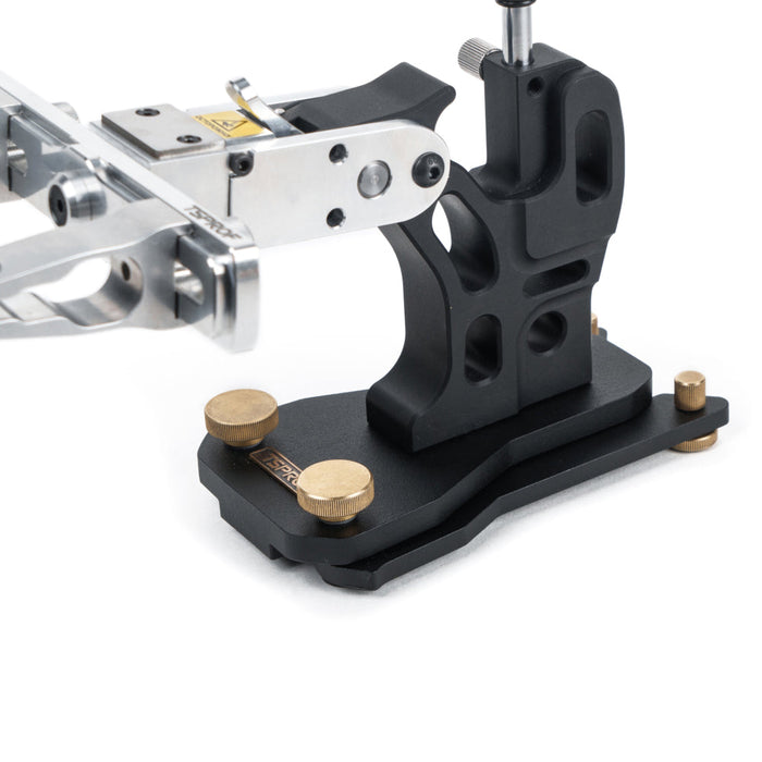 TSPROF Pioneer folding base. Assembled, mounted to the sharpener, half side close-up view.