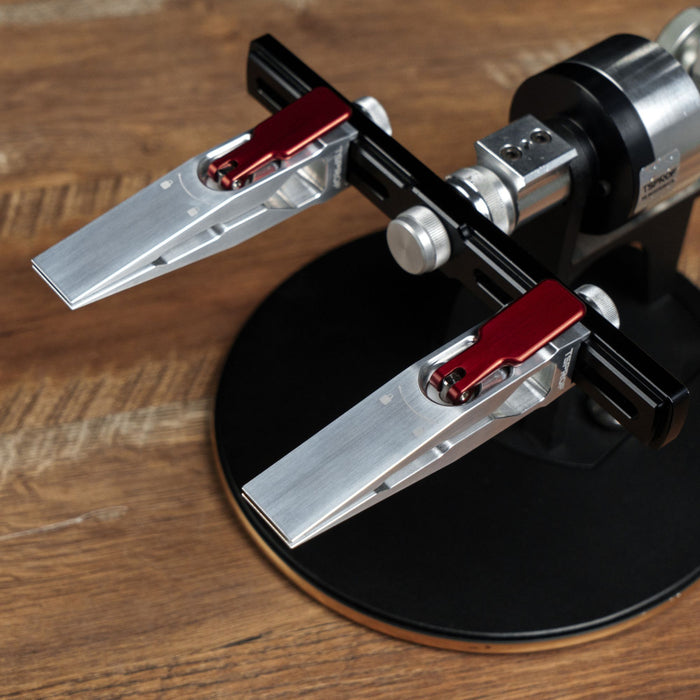 TSPROF Quick Fillet Clamps with red locking levers mounted to TSPROF K03 standing on a wooden table