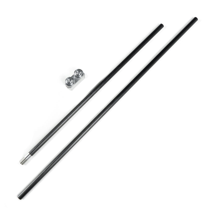 TSPROF carbon guide rod, with silver coupling bushing. Parts next to each other. On white background. 